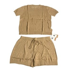 Allimy Pointelle Knit Sweater Shorts Set Womens XL Camel Crewneck Lounge Casual